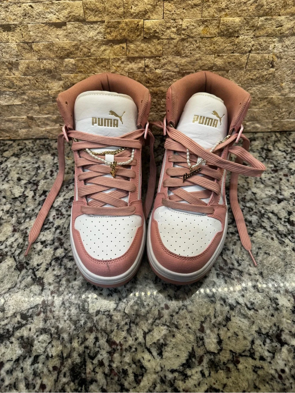 PUMA women’s size 9 Pink and White High-Top Sneakers with bling